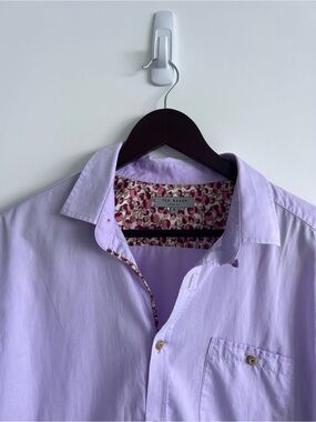 Ted Baker Men’s Light Lavender Cotton Button-Down Shirt with Floral Trim